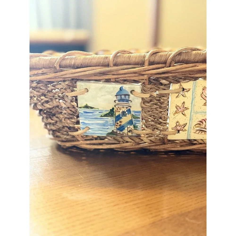 Wicker Oval Decorative Basket Nautical Tile Accents Brown Multicolor 16